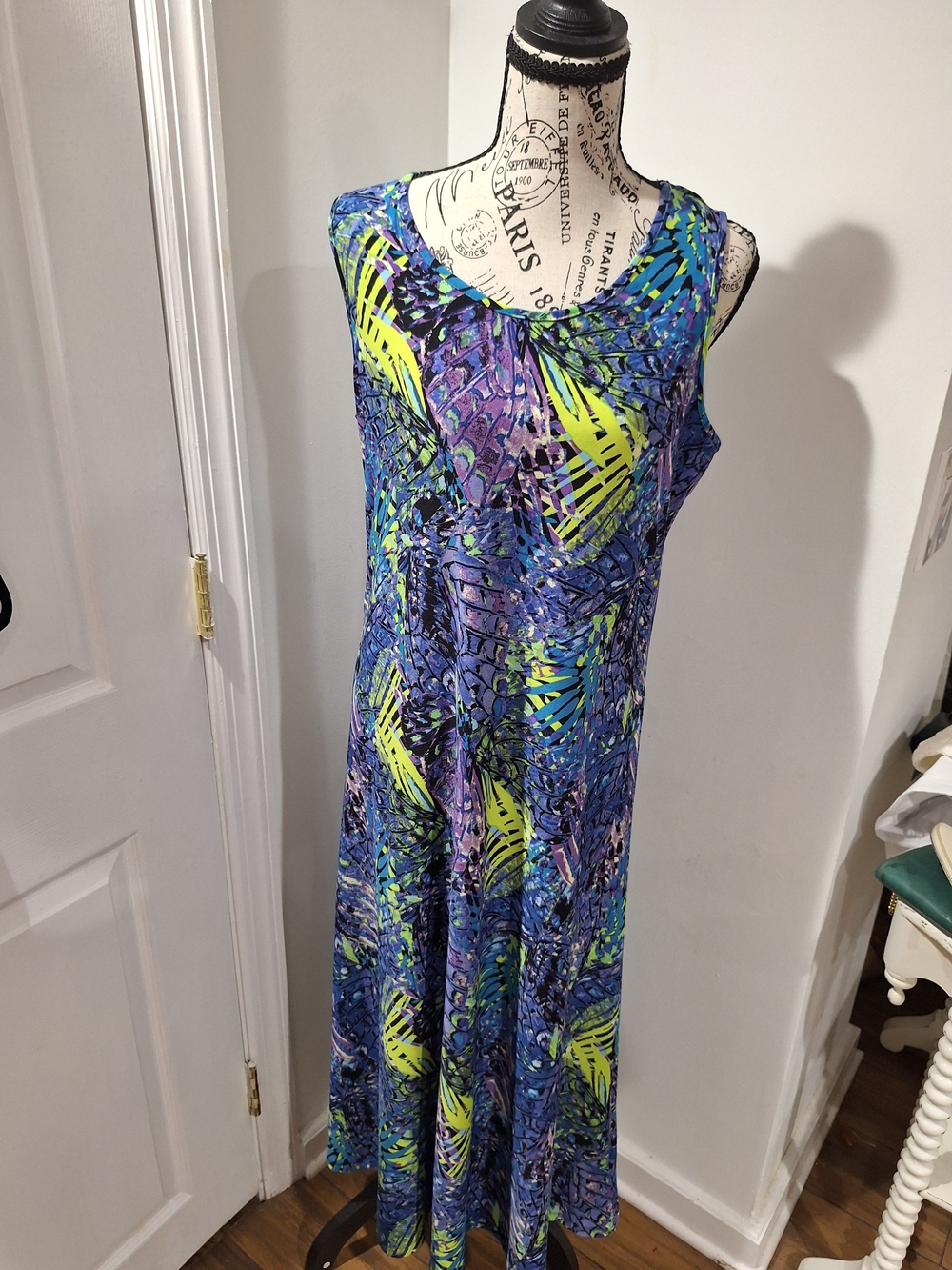 Sleeveless Blue & Lime Print Maxi Dress